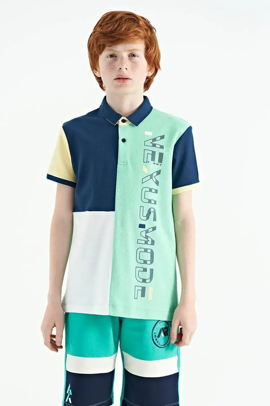 Color Block Print Detailed Standard Cut Polo Collar Boys' T-shirt - 11112