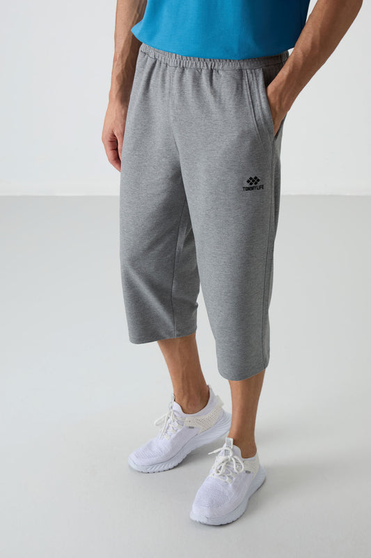 Grey Melange Cotton Soft Textured Standard Fit Embroidered Men's Capri - 83102