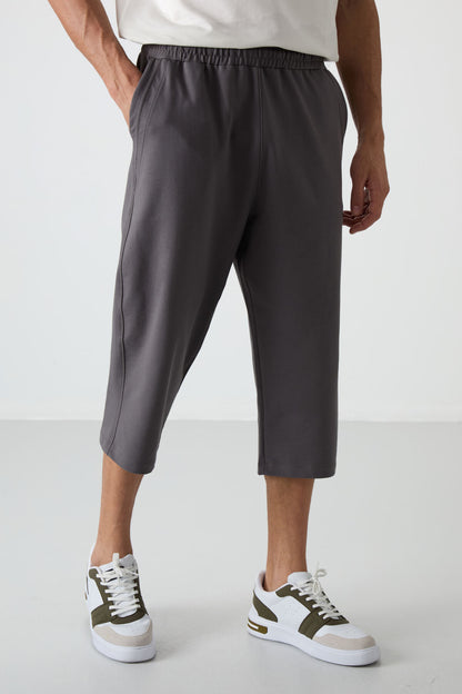 Dark Gray Cotton Soft Textured Standard Fit Embroidered Men's Capri - 83102