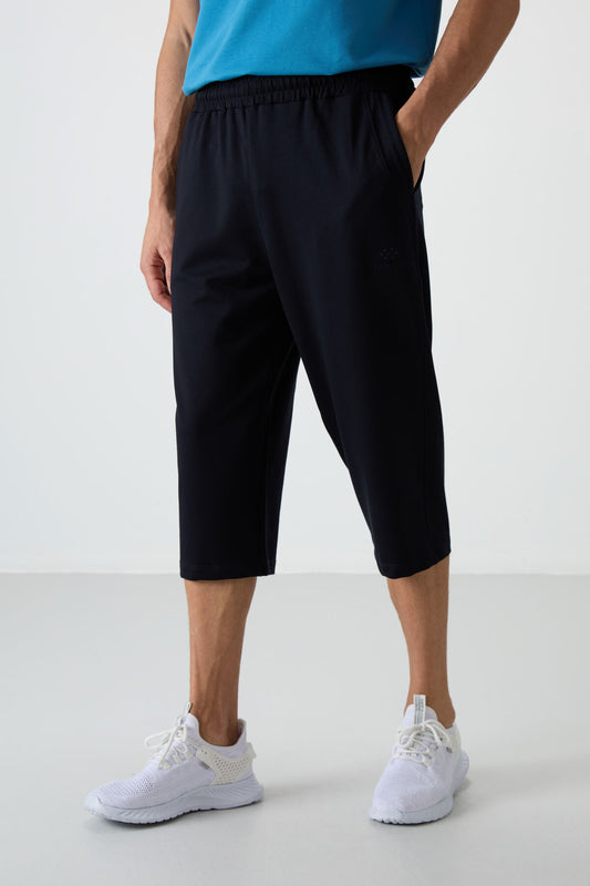 Navy Blue Cotton Soft Textured Standard Fit Embroidered Men's Capri - 83102