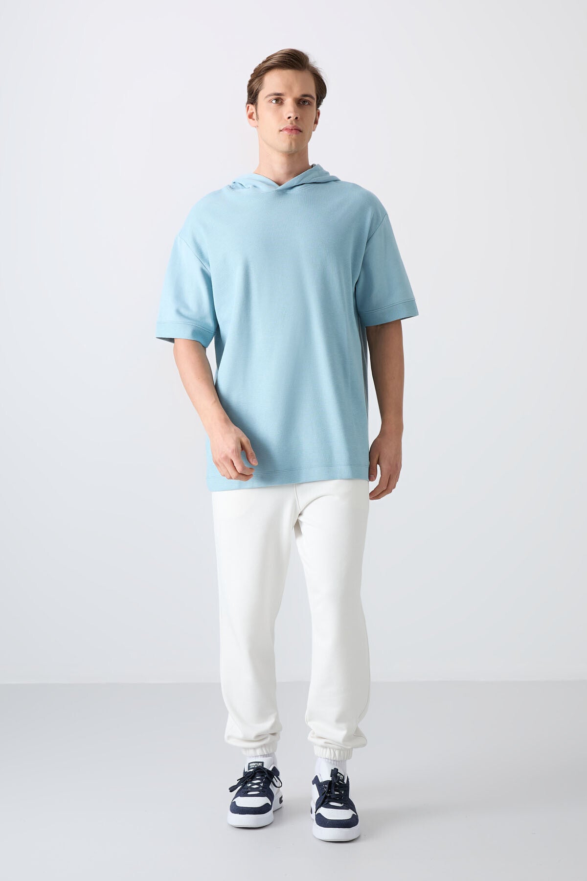 Light Blue Cotton Thick Textured Surface Oversize Fit Basic Men's T-Shirt - 88335