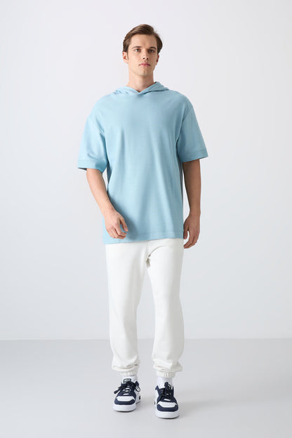 Light Blue Cotton Thick Textured Surface Oversize Fit Basic Men's T-Shirt - 88335