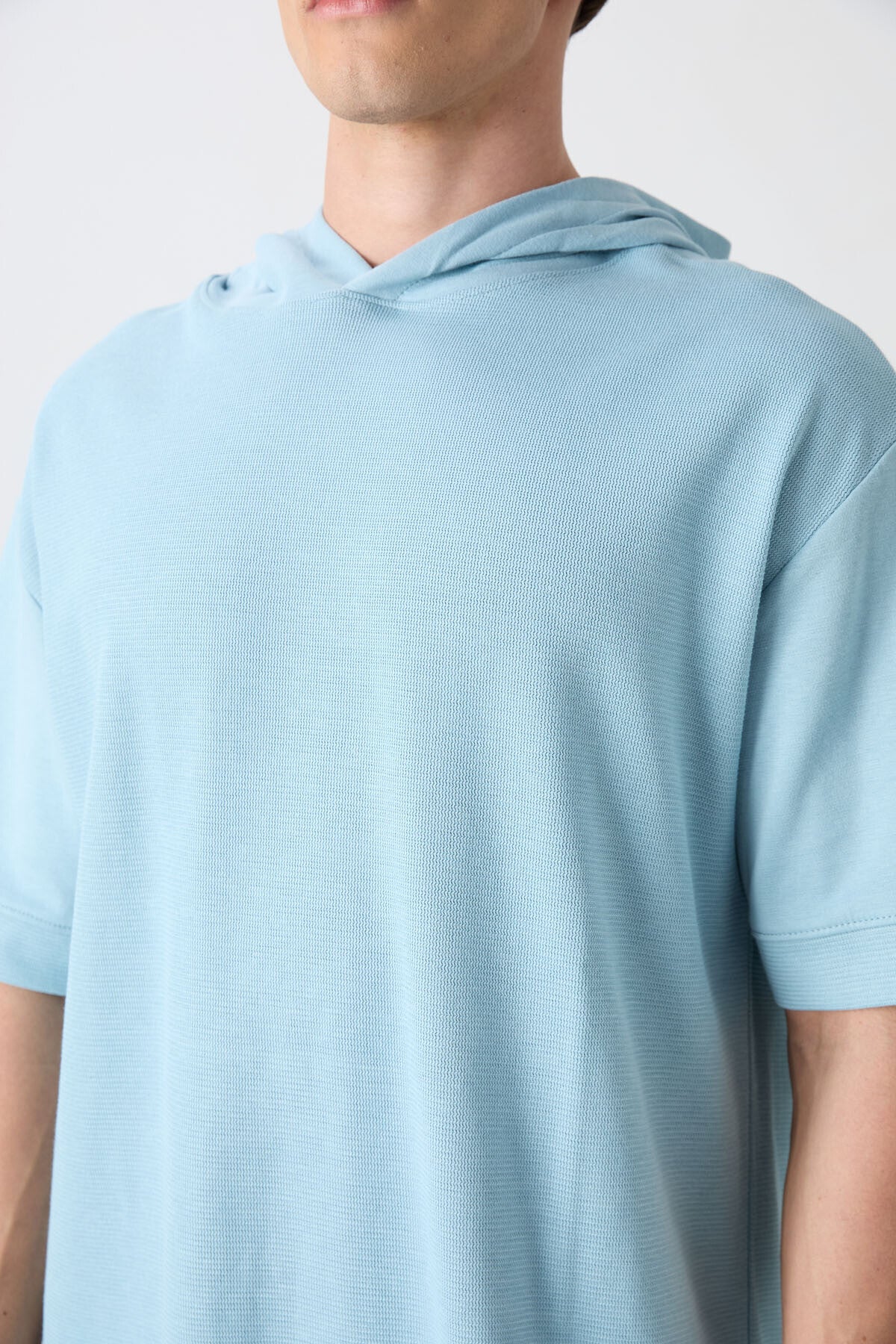 Light Blue Cotton Thick Textured Surface Oversize Fit Basic Men's T-Shirt - 88335