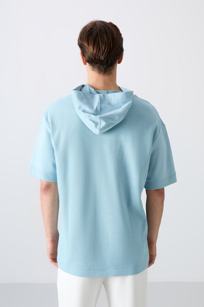 Light Blue Cotton Thick Textured Surface Oversize Fit Basic Men's T-Shirt - 88335