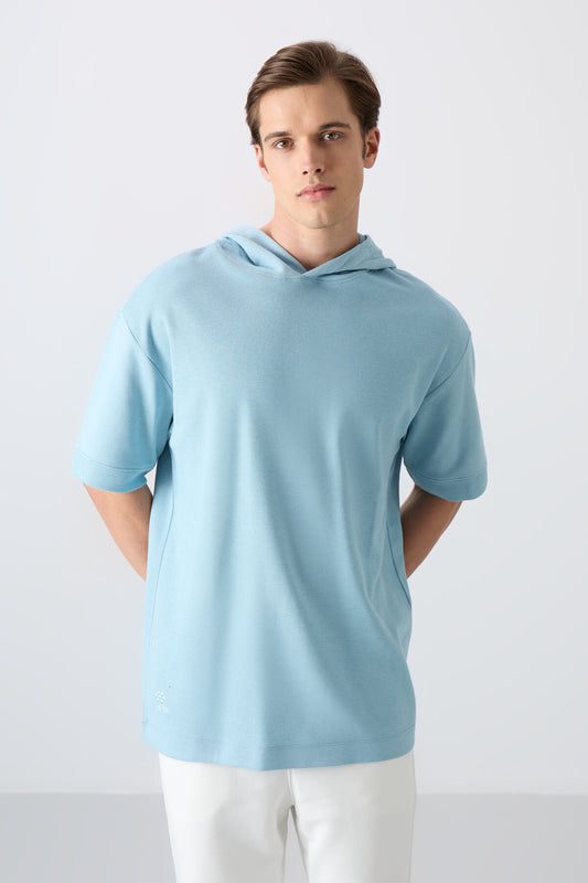 Light Blue Cotton Thick Textured Surface Oversize Fit Basic Men's T-Shirt - 88335