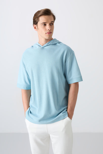 Light Blue Cotton Thick Textured Surface Oversize Fit Basic Men's T-Shirt - 88335