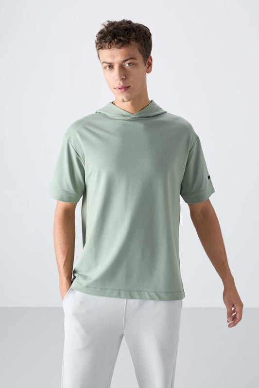 Light Green Cotton Thick Soft Textured Oversize Fit Basic Men's T-Shirt - 88352
