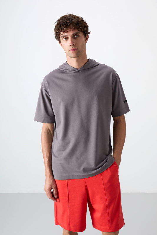 Dark Grey Cotton Thick Soft Textured Oversize Fit Basic Men's T-Shirt - 88352