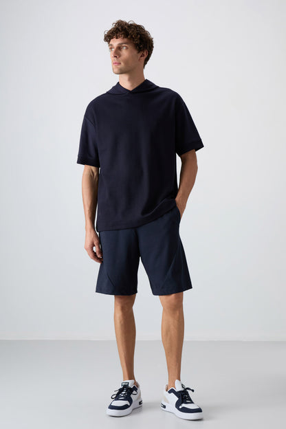 Navy Blue Textured Thick Surface Cotton Oversize Fit Basic Men's T-Shirt - 88335