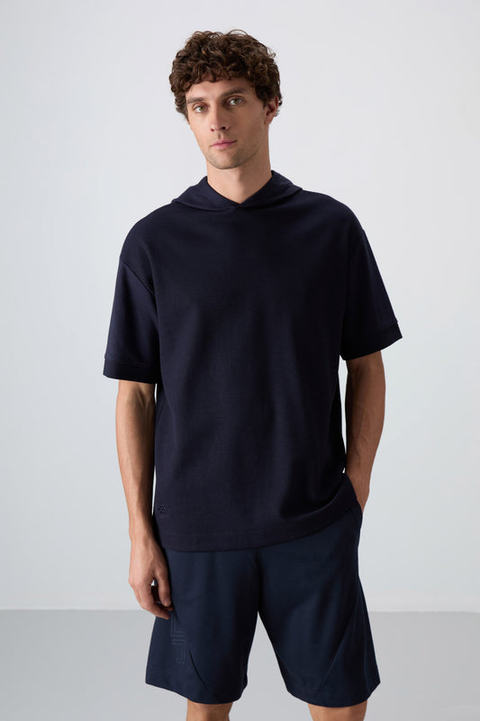 Navy Blue Textured Thick Surface Cotton Oversize Fit Basic Men's T-Shirt - 88335