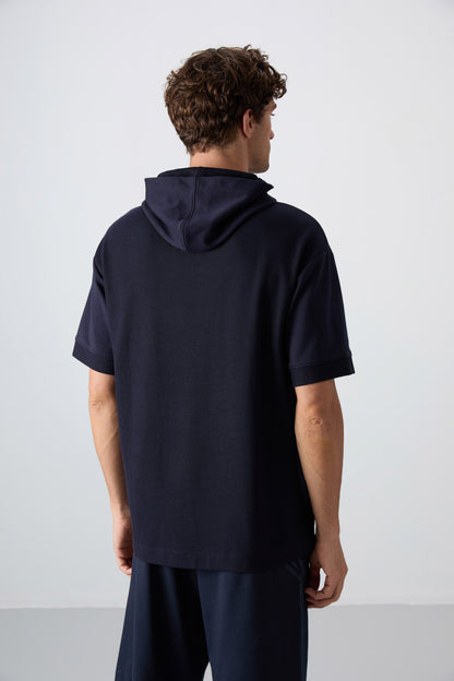 Navy Blue Textured Thick Surface Cotton Oversize Fit Basic Men's T-Shirt - 88335