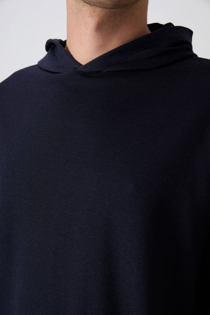 Navy Blue Textured Thick Surface Cotton Oversize Fit Basic Men's T-Shirt - 88335