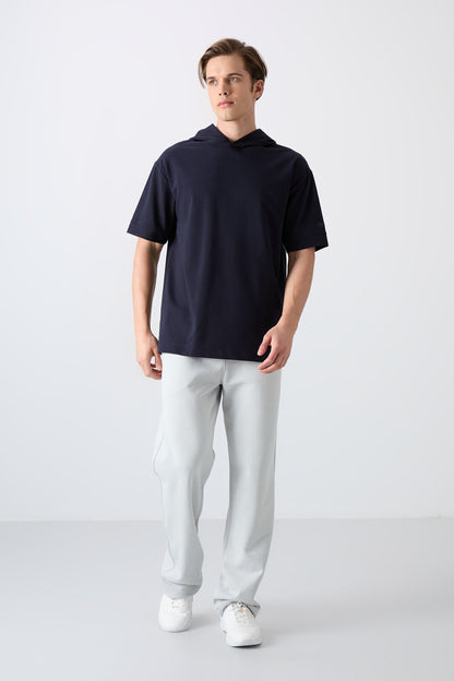 Navy Blue Cotton Thick Soft Textured Oversize Fit Basic Men's T-Shirt - 88352