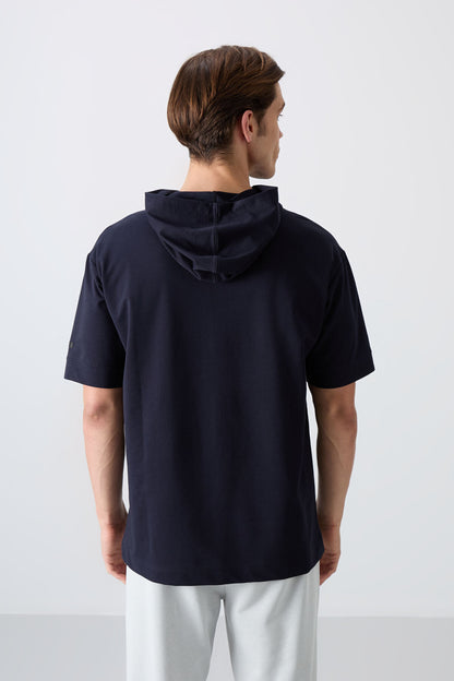Navy Blue Cotton Thick Soft Textured Oversize Fit Basic Men's T-Shirt - 88352