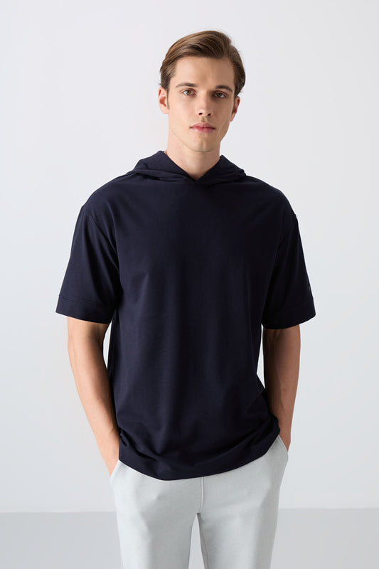 Navy Blue Cotton Thick Soft Textured Oversize Fit Basic Men's T-Shirt - 88352