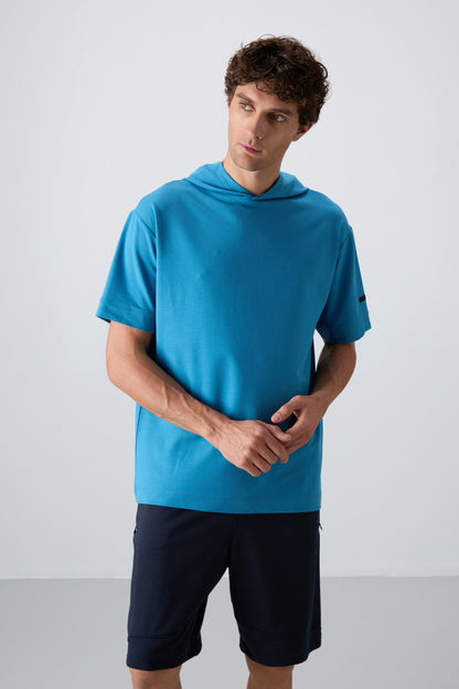 Petrol Blue Cotton Thick Soft Textured Oversize Fit Basic Men's T-Shirt - 88352
