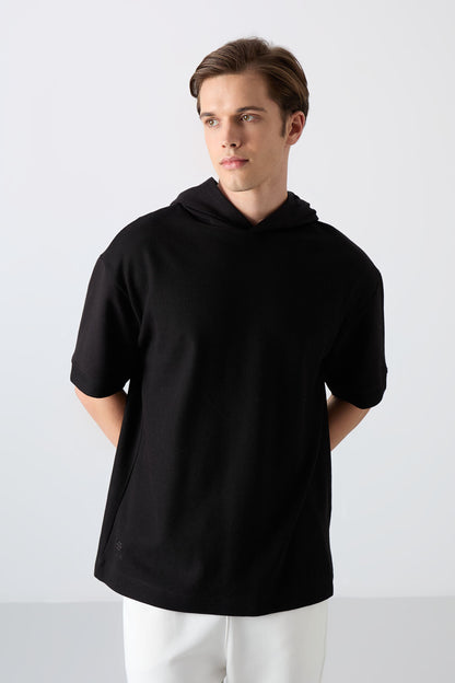 Black Cotton Thick Textured Surface Oversize Fit Basic Men's T-Shirt - 88335
