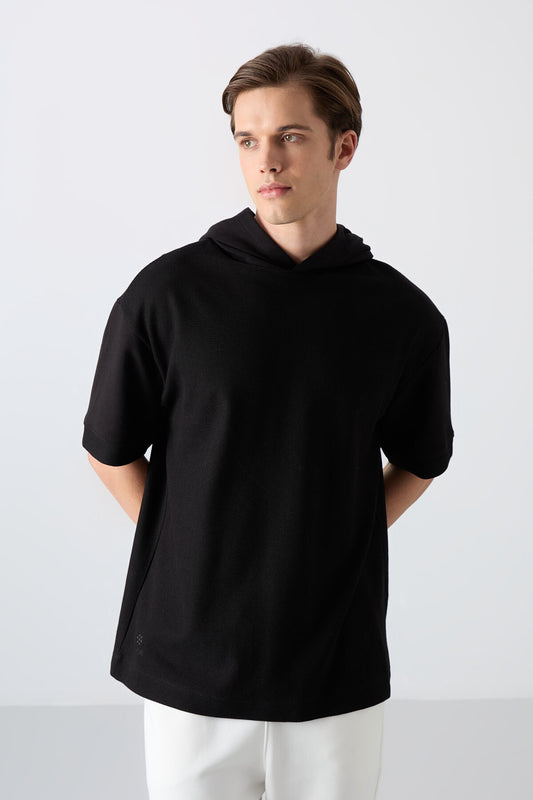 Black Cotton Thick Textured Surface Oversize Fit Basic Men's T-Shirt - 88335