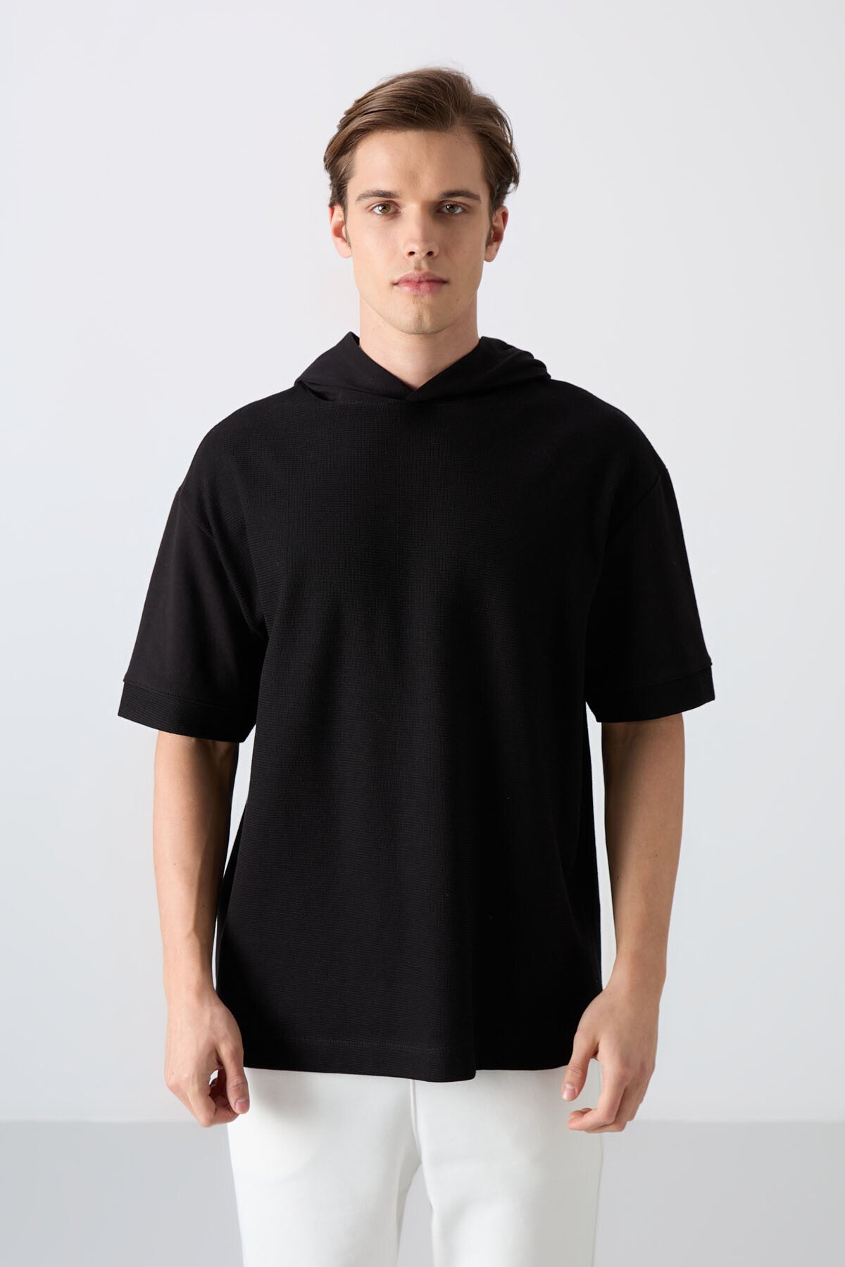 Black Cotton Thick Textured Surface Oversize Fit Basic Men's T-Shirt - 88335