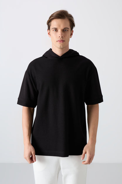 Black Cotton Thick Textured Surface Oversize Fit Basic Men's T-Shirt - 88335