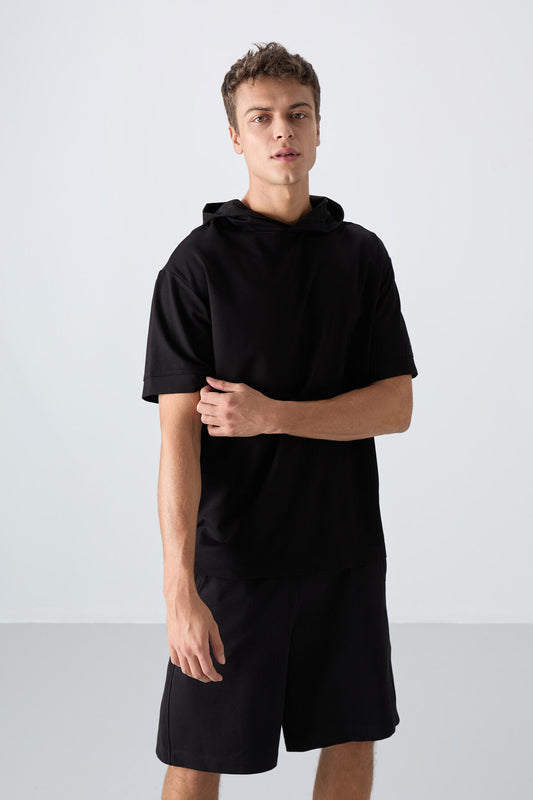 Black Cotton Thick Soft Textured Oversize Fit Basic Men's T-Shirt - 88352