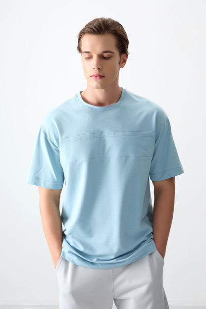 Light Blue Cotton Thick Soft Textured Oversize Fit Basic Men's T-Shirt - 88378