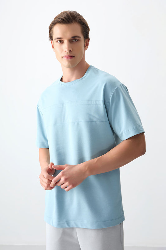 Light Blue Cotton Thick Soft Textured Oversize Fit Basic Men's T-Shirt - 88378
