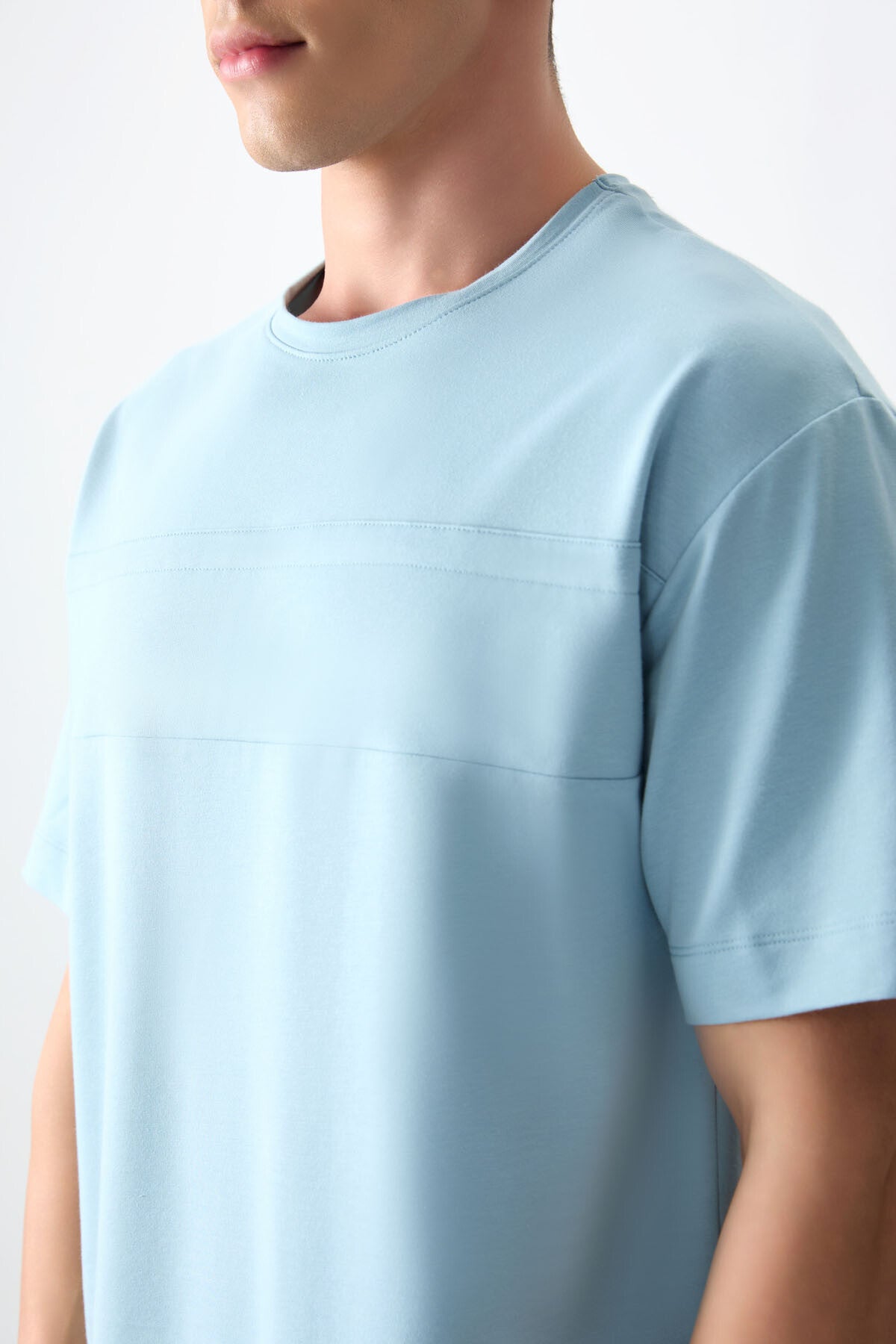 Light Blue Cotton Thick Soft Textured Oversize Fit Basic Men's T-Shirt - 88378