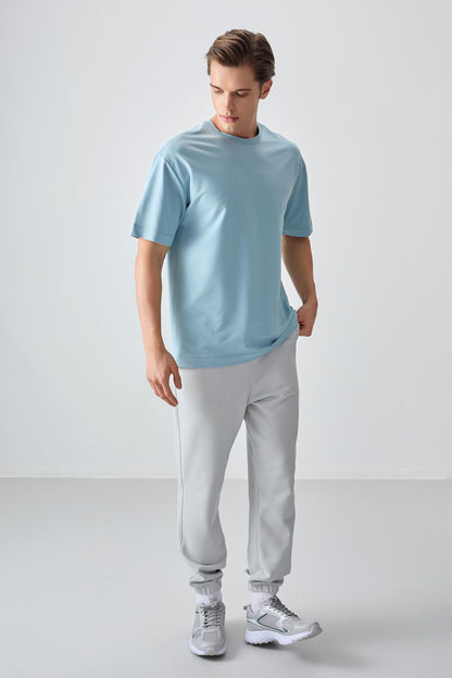 Light Blue Cotton Thick Soft Textured Oversize Fit Basic Men's T-Shirt - 88377