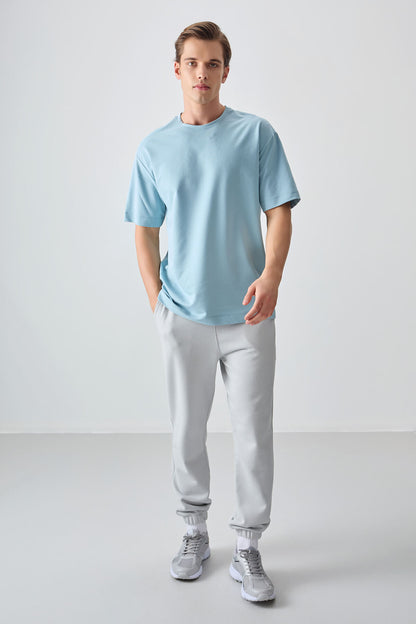 Light Blue Cotton Thick Soft Textured Oversize Fit Basic Men's T-Shirt - 88377