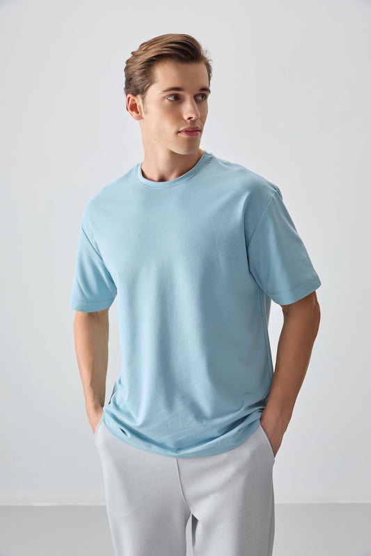 Light Blue Cotton Thick Soft Textured Oversize Fit Basic Men's T-Shirt - 88377
