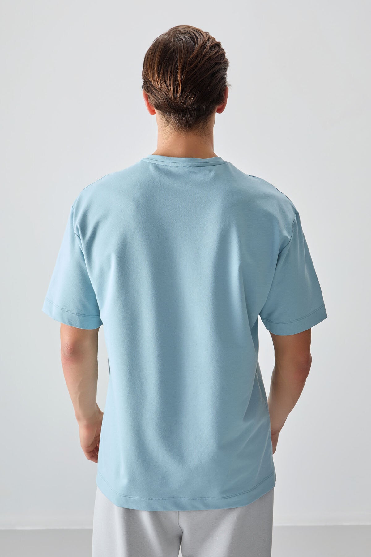 Light Blue Cotton Thick Soft Textured Oversize Fit Basic Men's T-Shirt - 88377