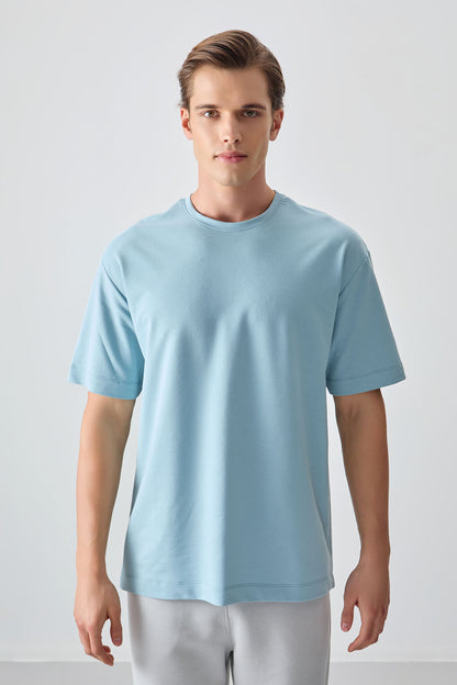 Light Blue Cotton Thick Soft Textured Oversize Fit Basic Men's T-Shirt - 88377