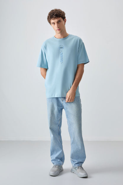 Light Blue 100% Cotton Thick Soft Textured Oversize Fit Printed Men's T-Shirt - 88355