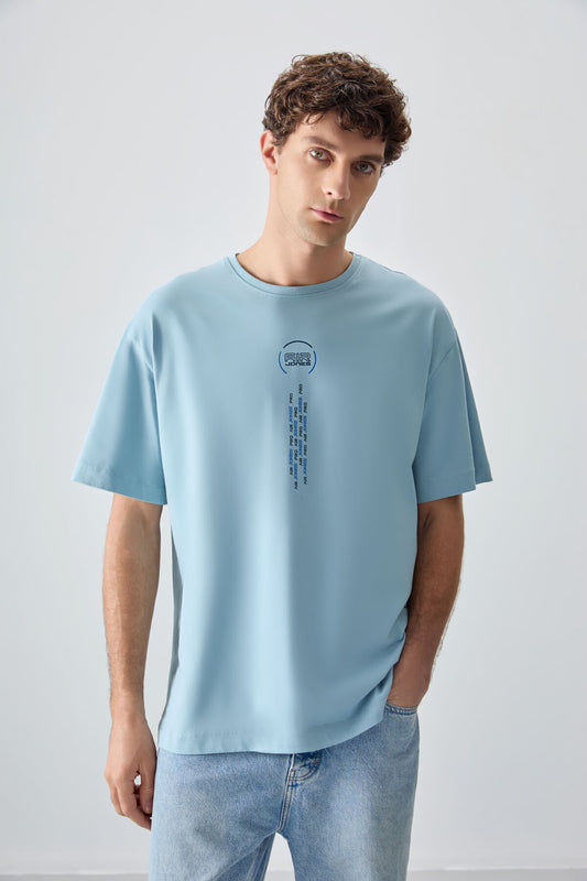 Light Blue 100% Cotton Thick Soft Textured Oversize Fit Printed Men's T-Shirt - 88355