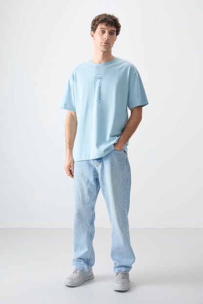 Light Blue 100% Cotton Thick Soft Textured Oversize Fit Printed Men's T-Shirt - 88355