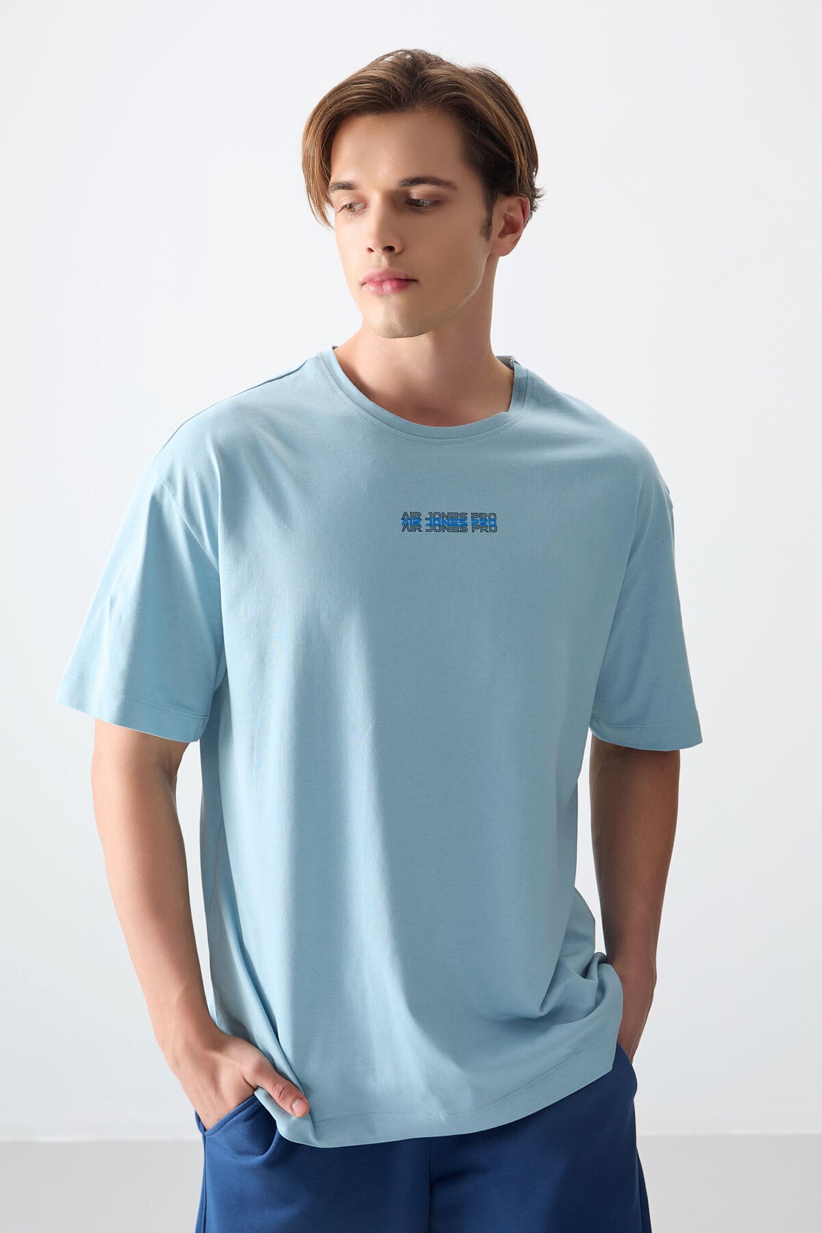Light Blue 100% Cotton Thick Soft Textured Oversize Fit Printed Men's T-Shirt - 88354