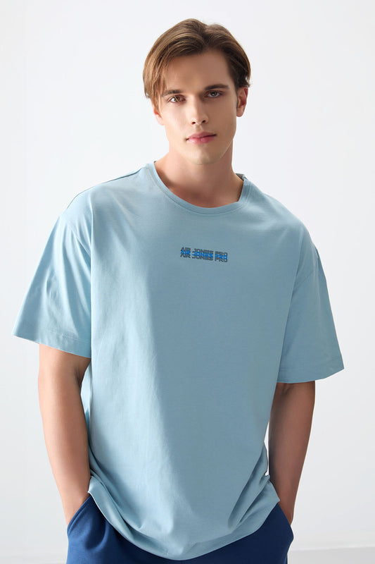 Light Blue 100% Cotton Thick Soft Textured Oversize Fit Printed Men's T-Shirt - 88354