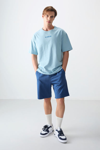 Light Blue 100% Cotton Thick Soft Textured Oversize Fit Printed Men's T-Shirt - 88354