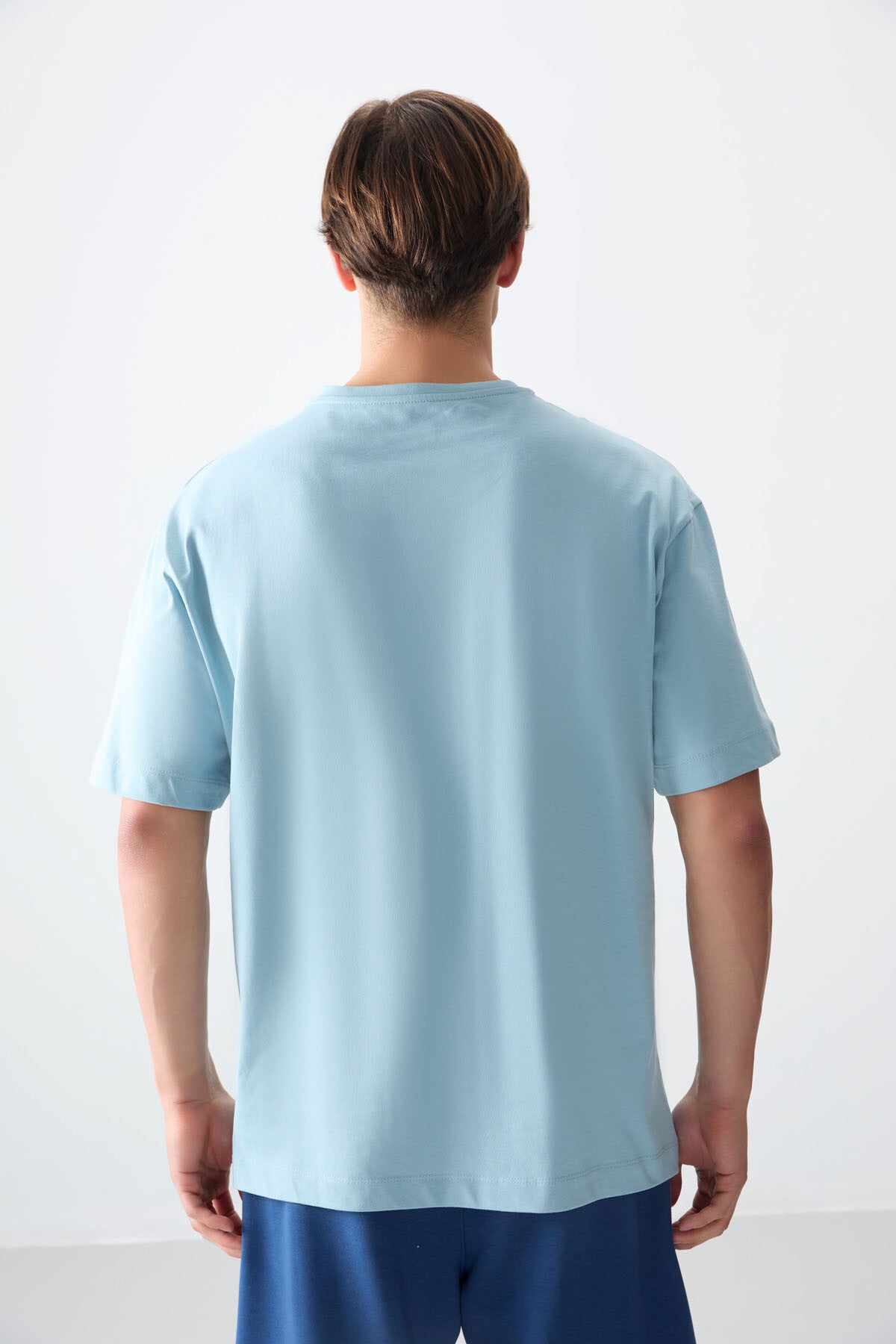 Light Blue 100% Cotton Thick Soft Textured Oversize Fit Printed Men's T-Shirt - 88354