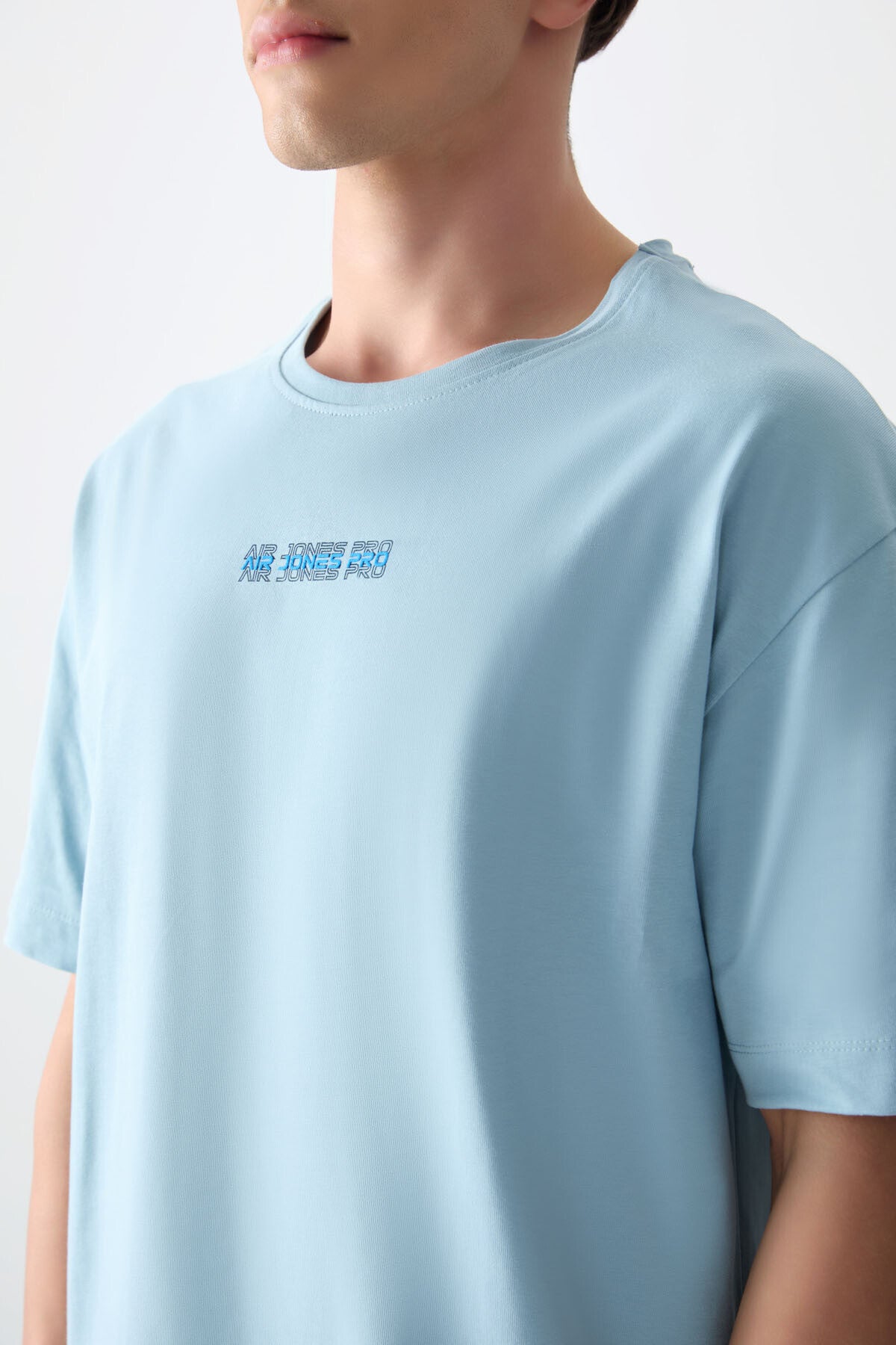 Light Blue 100% Cotton Thick Soft Textured Oversize Fit Printed Men's T-Shirt - 88354