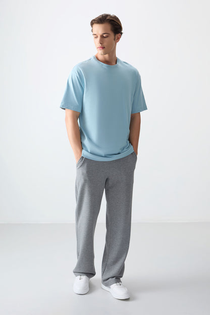 Light Blue 100% Cotton Thick Soft Textured Oversize Fit Basic Men's T-Shirt - 88353
