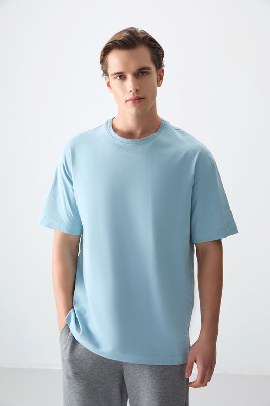 Light Blue 100% Cotton Thick Soft Textured Oversize Fit Basic Men's T-Shirt - 88353