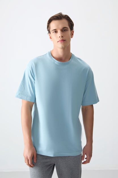 Light Blue 100% Cotton Thick Soft Textured Oversize Fit Basic Men's T-Shirt - 88353