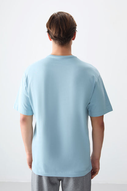 Light Blue 100% Cotton Thick Soft Textured Oversize Fit Basic Men's T-Shirt - 88353