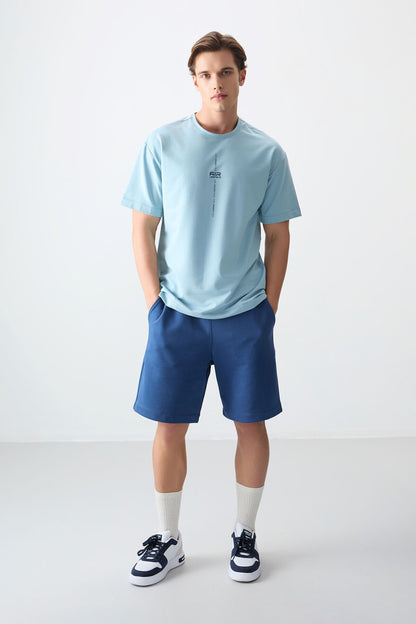 Light Blue Cotton Thick Soft Textured Oversize Fit Printed Men's T-Shirt - 88373