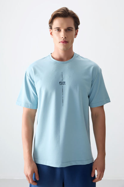 Light Blue Cotton Thick Soft Textured Oversize Fit Printed Men's T-Shirt - 88373