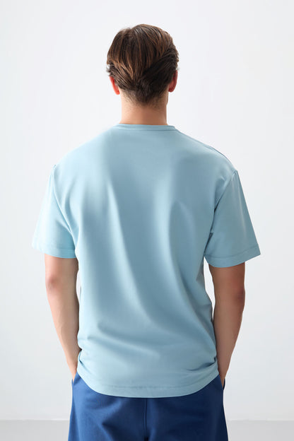 Light Blue Cotton Thick Soft Textured Oversize Fit Printed Men's T-Shirt - 88373