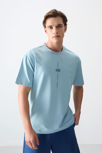 Light Blue Cotton Thick Soft Textured Oversize Fit Printed Men's T-Shirt - 88373