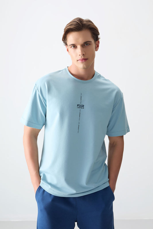 Light Blue Cotton Thick Soft Textured Oversize Fit Printed Men's T-Shirt - 88373